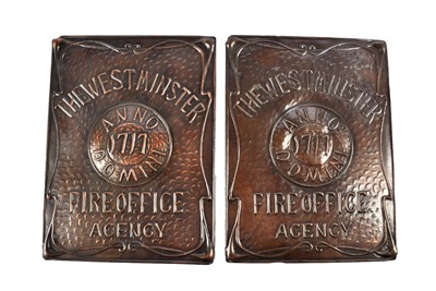 Lot 203 - Two 19th Century beaten copper arts and crafts style rectangular fire plaques