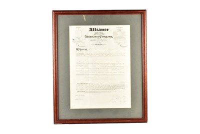 Lot 272 - Framed and glazed Alliance Life & Fire Assurance Company Policy