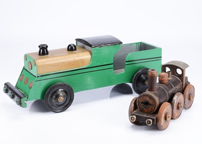 Lot 195 - A 20th century folk art wooden locomotive made from industrial mill bobbins