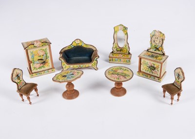 Lot 529 - A rare late 19th century German ‘insect’ chromolithographic paper covered wooden dolls’ house drawing room set
