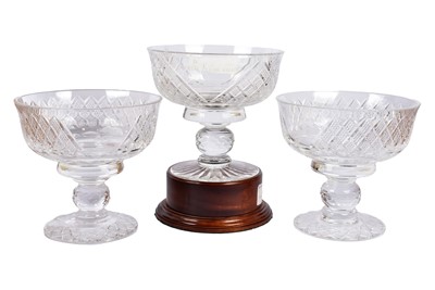 Lot 128 - Three clear cut glass Royal Brierly presentation footed bowls