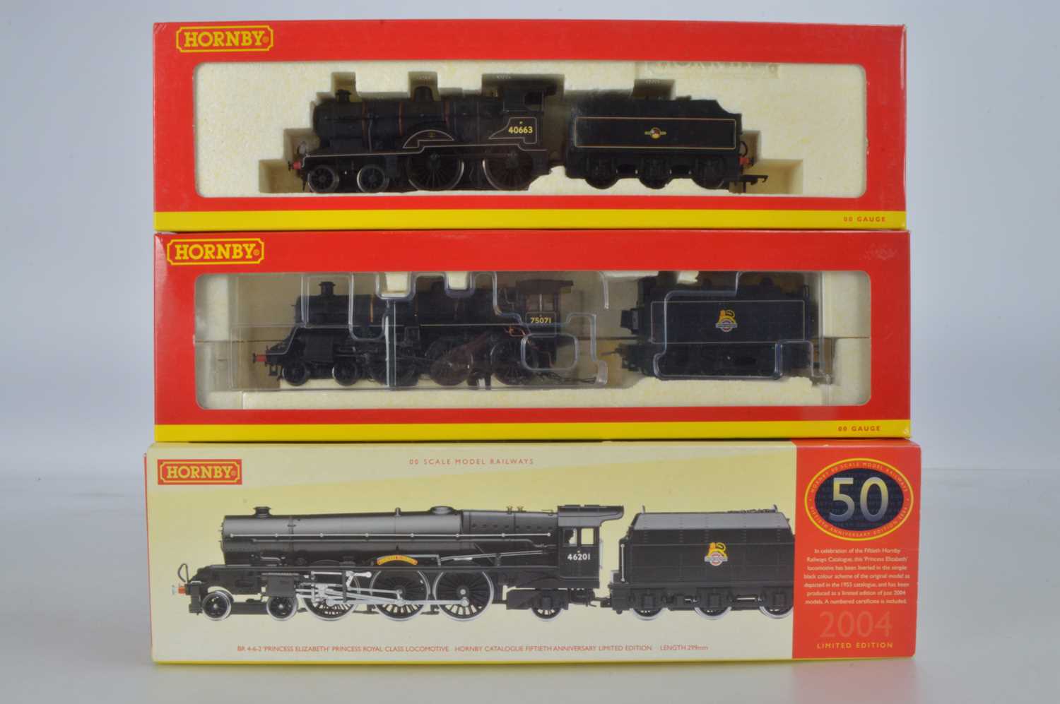 Lot 66 - Hornby (China) boxed 00 Gauge BR black Princess Royal Class Standard 4MT and Class 2P Locomotives and Tenders (3)