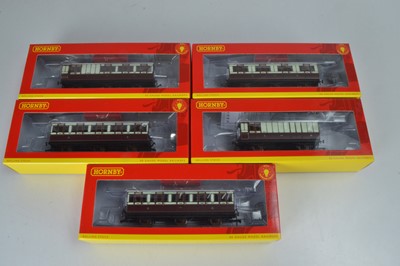 Lot 110 - Hornby (China) boxed 00 Gauge      LSWR ivory and brown 4-wheel Coaches and Baggage Car (5)