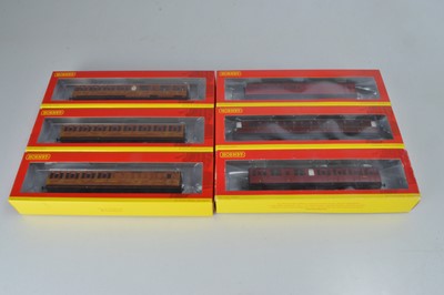 Lot 111 - Hornby (China) boxed 00 Gauge LNER Thompson Teak Suburban and BR ex LNER maroon Suburban and Corridor Coaches (6)