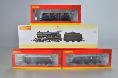 Lot 113 - Hornby (China) boxed 00 Gauge SDJR Somerset and Dorset Joint Railway blue Class 2P Locomotive and three 6-Wheel Coaches (4)
