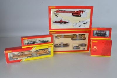Lot 114 - Three Hornby (China) boxed 00 Gauge Breakdown Cranes  Milk Tank Wagons and Bolster wagon (8 items)