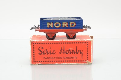 Lot 673 - French Hornby O Gauge 'NORD' blue and red coal wagon with lettering in gold