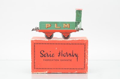 Lot 674 - French Hornby O Gauge PLM green and red with gold lettering open wagon with Look Out