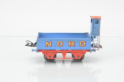 Lot 676 - Hornby O Gauge, Open wagon with Vigie finished in blue and red with 'NORD' in gold