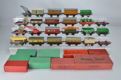 Lot 693 - Hornby 0 Gauge boxed and unboxed No 1 Passenger Coaches and Goods Rolling stock (22 of which 9 boxed)