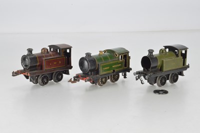 Lot 728 - Bing O Gauge 0-4-0 Tank Loco LMS, together with a 0-4-0 Tank Locomotive 'Great Western' and 0-4-0, No 3410 (3)