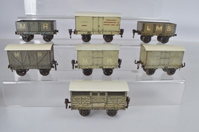 Lot 732 - Marklin O Gauge rolling stock, 2 x M.R Refrigerator Meat Vans, 1 x LNER Refrigerator Van, 1 x M.R Cattle van, 1 x LMS open wagon and 1 x covered Van ( 7)