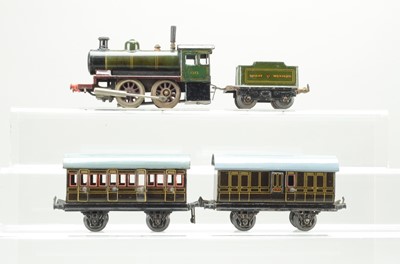 Lot 778 - Bing O Gauge Live steam 0-4-0 Locomotive and tender, GWR Lined Green, No 1373, with 2 x Bing coaches