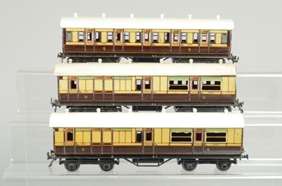 Lot 782 - Bing for Bassett Lowke O Gauge, LNWR 1 x all first 1921 and 2 x third Brake, (3)