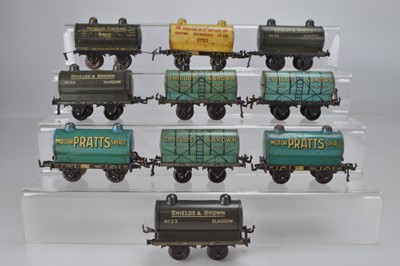 Lot 799 - Bing O Gauge Rolling stock, 3 x Shields & Brown grey tankers, 1 x Peerless Tank Line tanker, 2 x Pratts tanker, 1 x BP Spirit tanker, 3 x Shields & Brown in blue, (10)