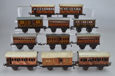 Lot 818 - Bing O Gauge 4 wheel coaches comprising, 4 x LNER  1st/3rd coaches, 1 x LNER Full Brake, 1 x LMS Full Brake, 2 x LMS 1st/3rd Coaches, 1 x GWR Full Brake, and 2 x additional 1st/3rd coaches, (11)
