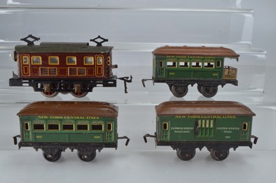 Lot 820 - Bing O Gauge 0-4-0 Metropolitan simulated overhead electric Locomotive with 3 x New York Central Lines coaches (4)
