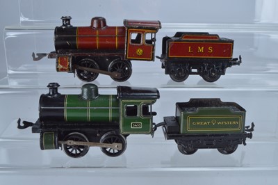 Lot 828 - Bing O Gauge 0-4-0 Locomotive and tender, Great Western Railway lined green, No 3410 together with another 0-4-0 Locomotive and tender LMS