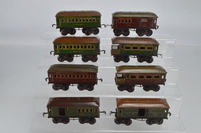 Lot 833 - Bing O Gauge Pennsylvania Lines passenger coach No 105 and 250, and Baggage van 2395, together with 3  x New York Central passenger coaches, and 2 x Baggage vans, (8)