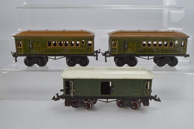 Lot 838 - Bing O Gauge 2 x bogie passenger coaches with baggage doors and 1 x post / baggage van, (3)