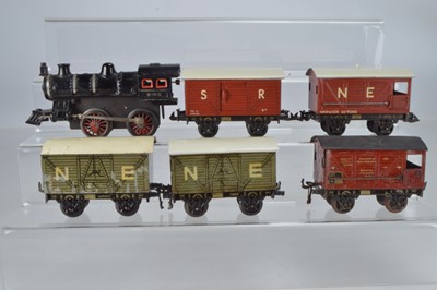 Lot 839 - Bing O gauge 0-4-0 Locomotive with 'BING', to cab, together with a N.E Brake Van, Berlin 75923 Brake Van, S.R Covered Van and 2 x N.E Covered Van, (6)