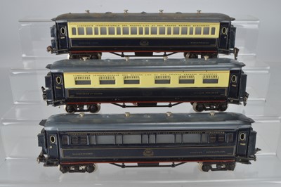 Lot 843 - Paya O Gauge Wagon-Lits coaches comprising of Sleeping Ca, No1388, 2nd Class Pullman No 1387 and All blue Dining Car 1389, (3)