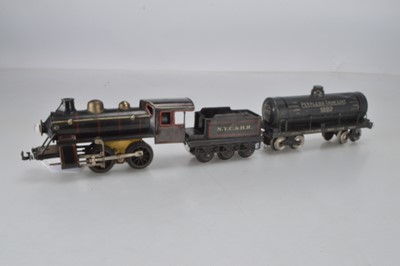 Lot 849 - Bing O Gauge 0-4-0 Locomotive and Tender, No 0-35, and 'N.Y.C & H.R' to the tender, together with an O gauge believed Bing Peerless tank line tanker 1000 (3)