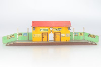 Lot 864 - A possible scratch built  / commercially built wooden platform with Station Master Office and Waiting Room, Hornby electric lights and wrist watch clock