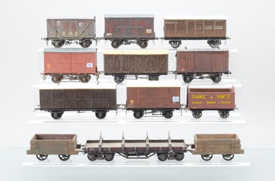 Lot 902 - Kit / Scratch built O Gauge rolling stock to include, two wooden coal wagons, 7 covered vans, 1 x cattle van, 1 x flat bed wagon, 1 x peaked roof 'Chance & Hunt Ltd' salt van, (12)