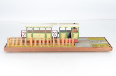 Lot 938 - A scratch built model of a Telford Town Tram and coach, with 'T.T.T.' the loco and coach side and 'COALPORT' destination sign on wooden display plinth