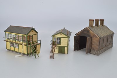 Lot 943 - Pair of 0 Gauge scratchbuilt finescale Signal Boxes and Single Road Engine Shed (3)