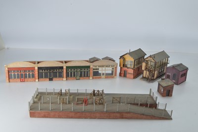 Lot 945 - 0 Gauge scratchbuilt finescale Railway Buildings including two Signal Boxes large Cattle Dock and set of Arches Shops and two Huts (6)