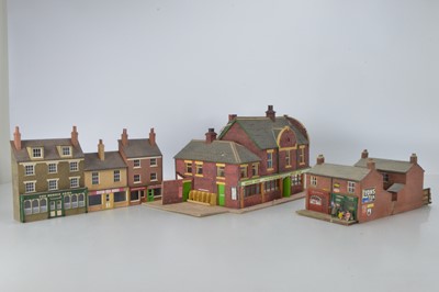 Lot 947 - 0 Gauge scratchbuilt finescale Row of Terrace Shops/Pub and  a four Terrace House block including two shops and a Large Pub (3)