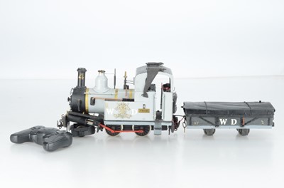 Lot 973 - Professionally scratch built and painted Hunslet Locomotive FAITH No 4 with plank wagon with hand controller (2)