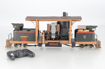 Lot 974 - Professionally scratch built and painted narrow gauge 16mm steam SHAY for the BM & LC No 9  0-4-0 - 0-4-0 Queen Mab with hand controller (2)