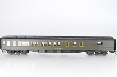 Lot 982 - J & M models or similar, Gauge 1 cat No GIA 220, American Pullman ' Van Winkle',  Green with Gold Lining, on 12 wheel spring bogies, with Gauge 1 track  (2)