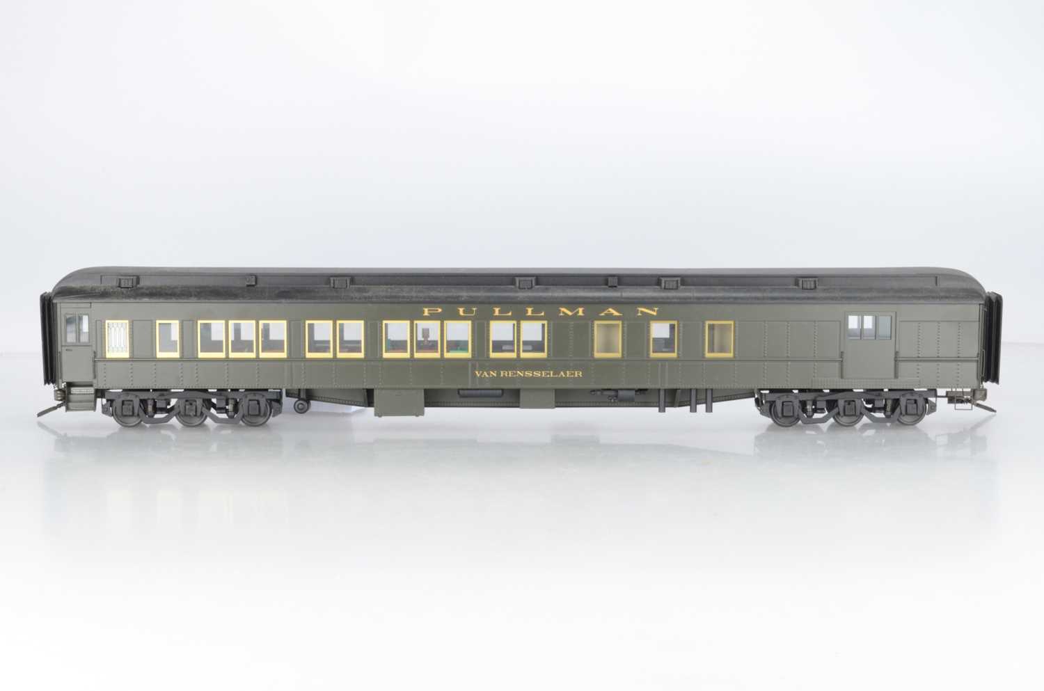 Lot 983 - J & M Models, gauge 1  American Pullman ' Van Rensselaer' green with gold lining, on 12 wheel sprung bogies with gauge 1 track (2)
