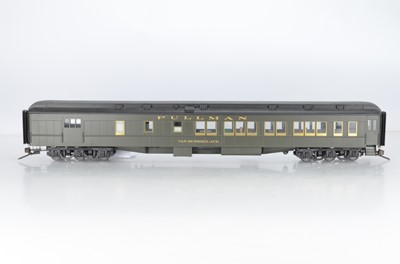 Lot 983 - J & M Models, gauge 1  American Pullman ' Van Rensselaer' green with gold lining, on 12 wheel sprung bogies with gauge 1 track (2)