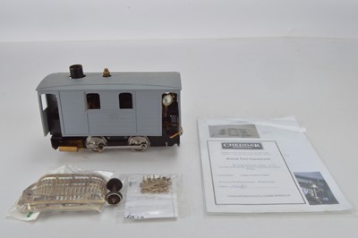 Lot 1019 - Cheddar Models Live steam Gauge 3 (2 1/2 inches) loco with plastic tram body and Garden Railway Specialists cast cowcatcher brass ends and Brass couplings (4)