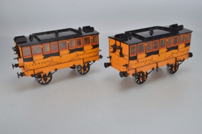 Lot 1035 - Hornby 3 1/2 inch gauge passenger coaches for the Stephensons Rocket, 'Liverpool and Manchester Railway, (2)