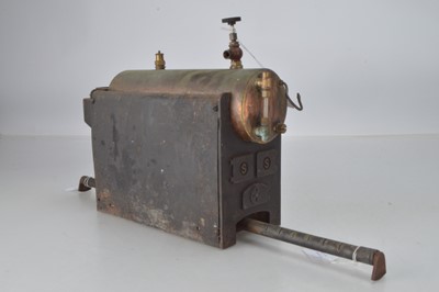 Lot 1042 - Stuart turner 504 horizontal boiler with Spring type safety valve, regulator and gauge glass, with two methylated spirit burners (3)