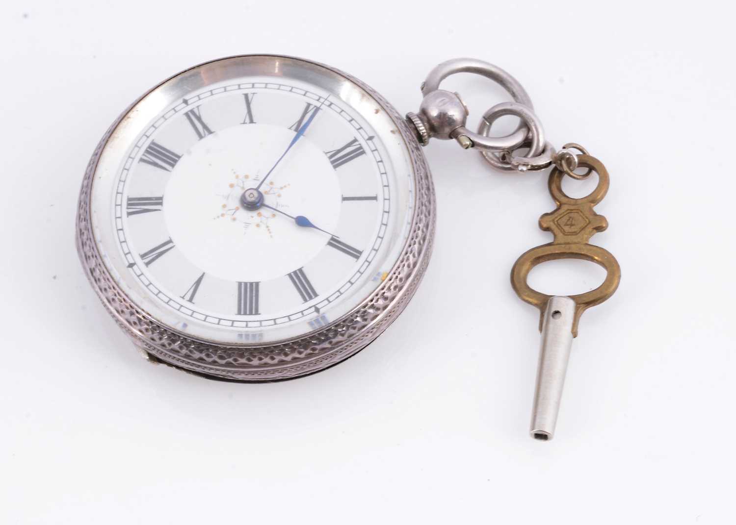 Lot 17 - A late 19th century Swiss white metal silver open faced fob watch