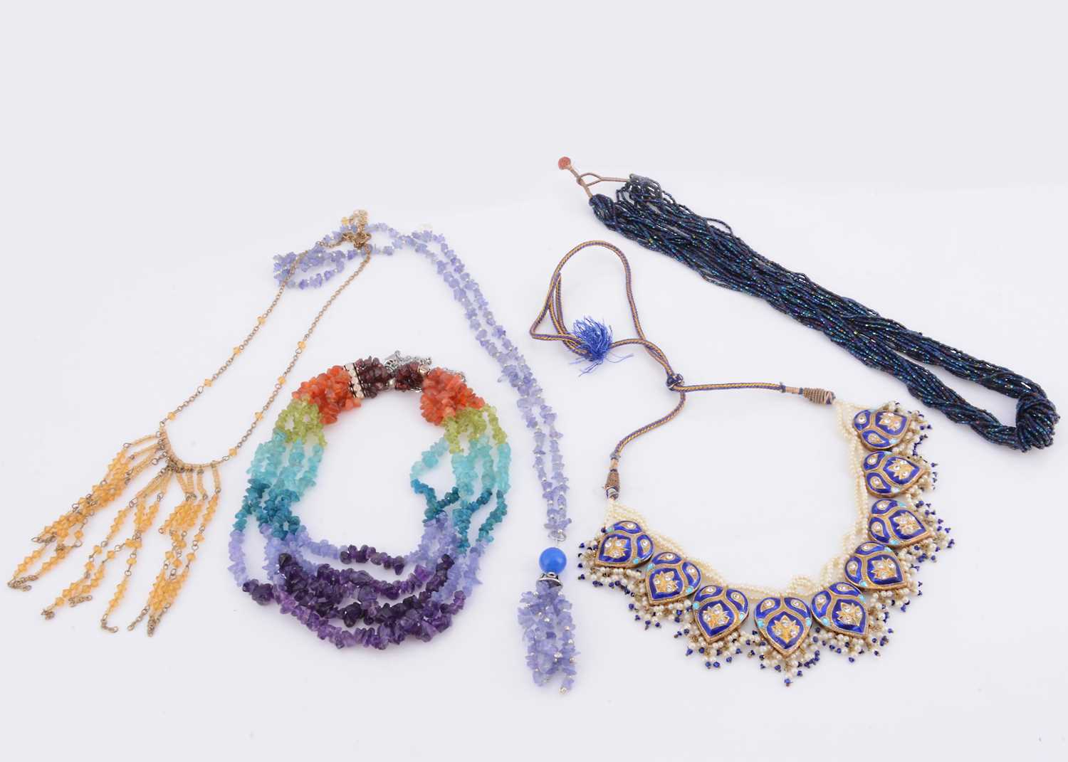 Lot 51 - An handmade ethic style enamelled, cz & pearl necklace & rainbow gem stone chip five strand necklace