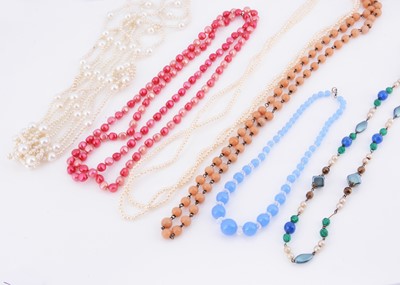 Lot 51 - An handmade ethic style enamelled, cz & pearl necklace & rainbow gem stone chip five strand necklace
