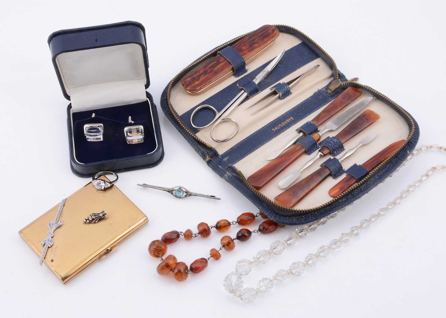 Lot 78 - A mid century compact with marcasite bow detail & costume jewellery items