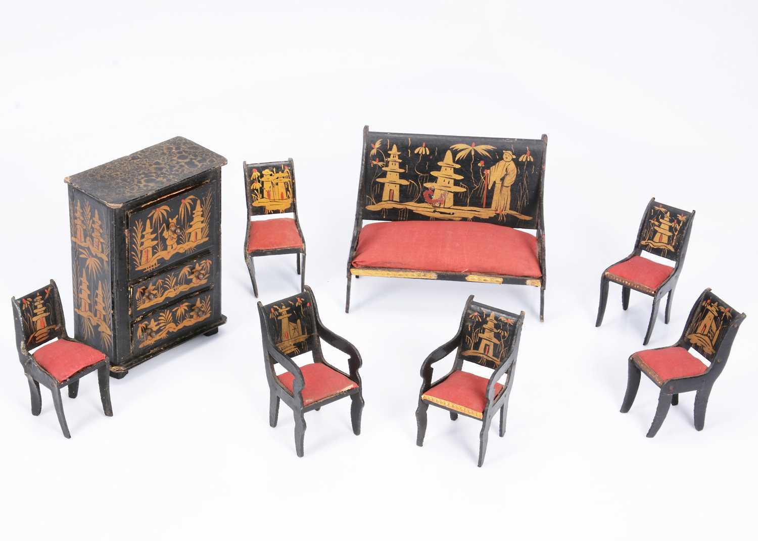 Lot 101 - A rare German regency lacquered card Chinoiserie dolls’ house set