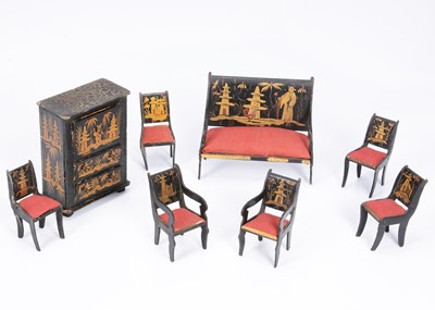 Lot 101 - A rare German regency lacquered card Chinoiserie dolls’ house set