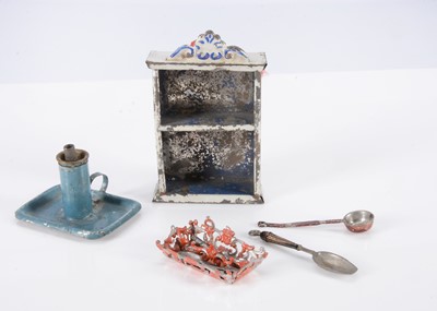 Lot 216 - A late 19th century German painted tinplate hanging kitchen shelf