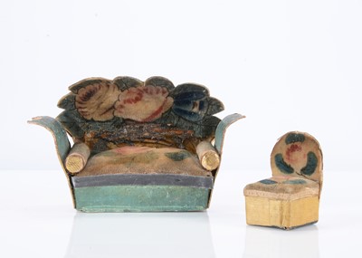Lot 224 - A rare early 19th century English painted velvet and card dolls’ house sofa and side chair