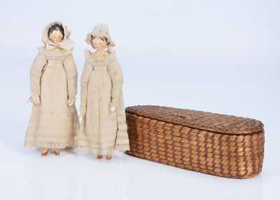 Lot 250 - Two fine and early Grodnertal wooden dolls with provenance, circa 1819